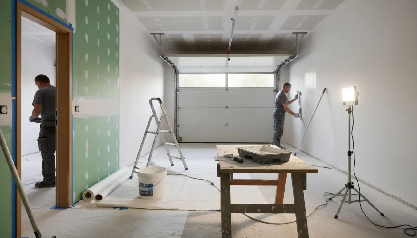 Garage under istandsættelse med afdækket gulv, spartlede og filtede vægge og hænder, der ruller hvid maling.
