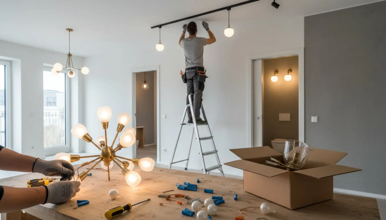 Elektriker fra ryggen installerer flere lamper i en lejlighed med skinne i stuen, nye toiletlamper, lysekroner og spot.