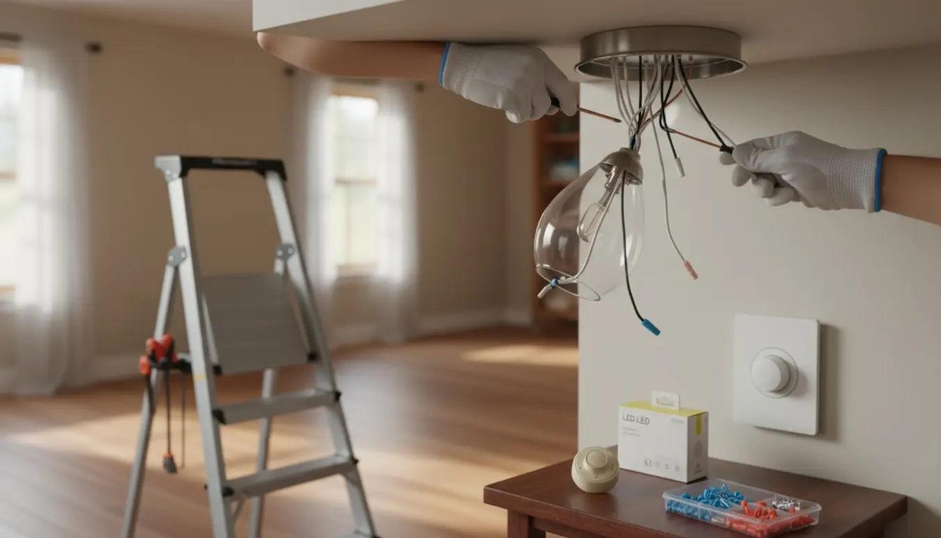 Hænder tilslutter en loftlampe og udskifter en gammel lysdæmper med en ny LED-kompatibel enhed.