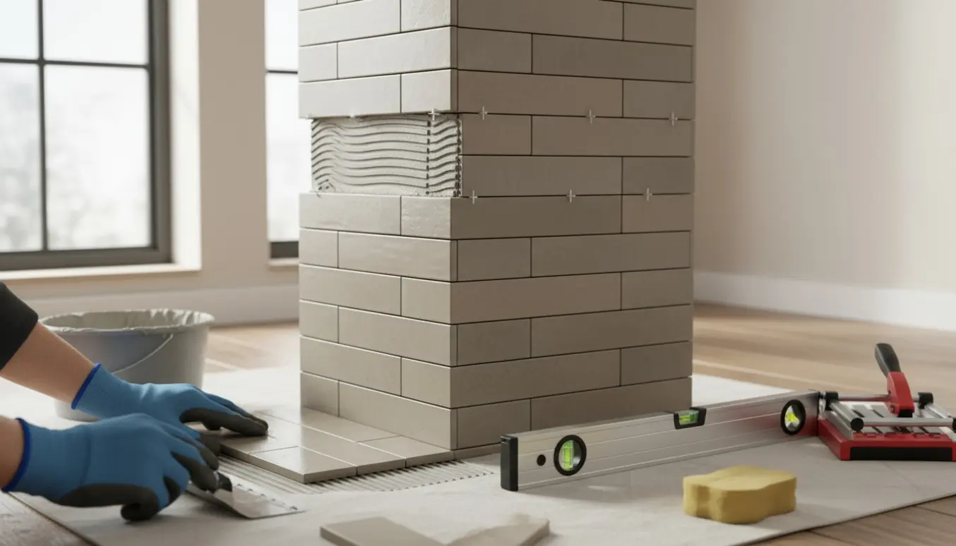 Indvendig skorsten halvfærdig med smalle 24 x 6 cm fliser og fliseværktøj i forgrunden.