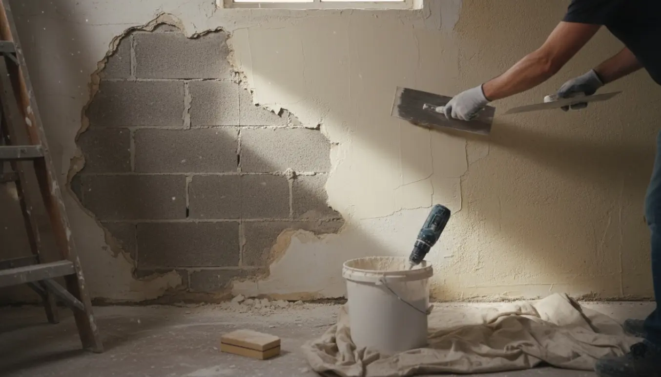 Nærbillede af en kældervæg, hvor våd puds glattes ud med murske, med værktøj og afrensede områder synlige.