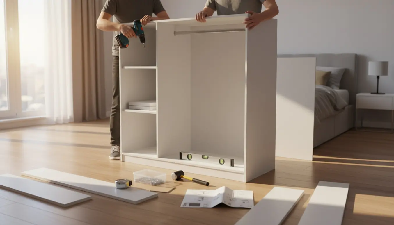 Hænder samler et højt hvidt fladpakket garderobeskab med boremaskine og værktøj i et lyst værelse.