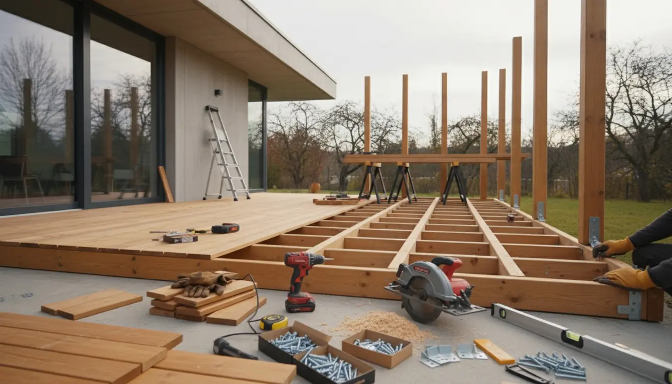 Halvfærdig træterrasse med værktøj og materialer klar til opsætning af et halvtag.