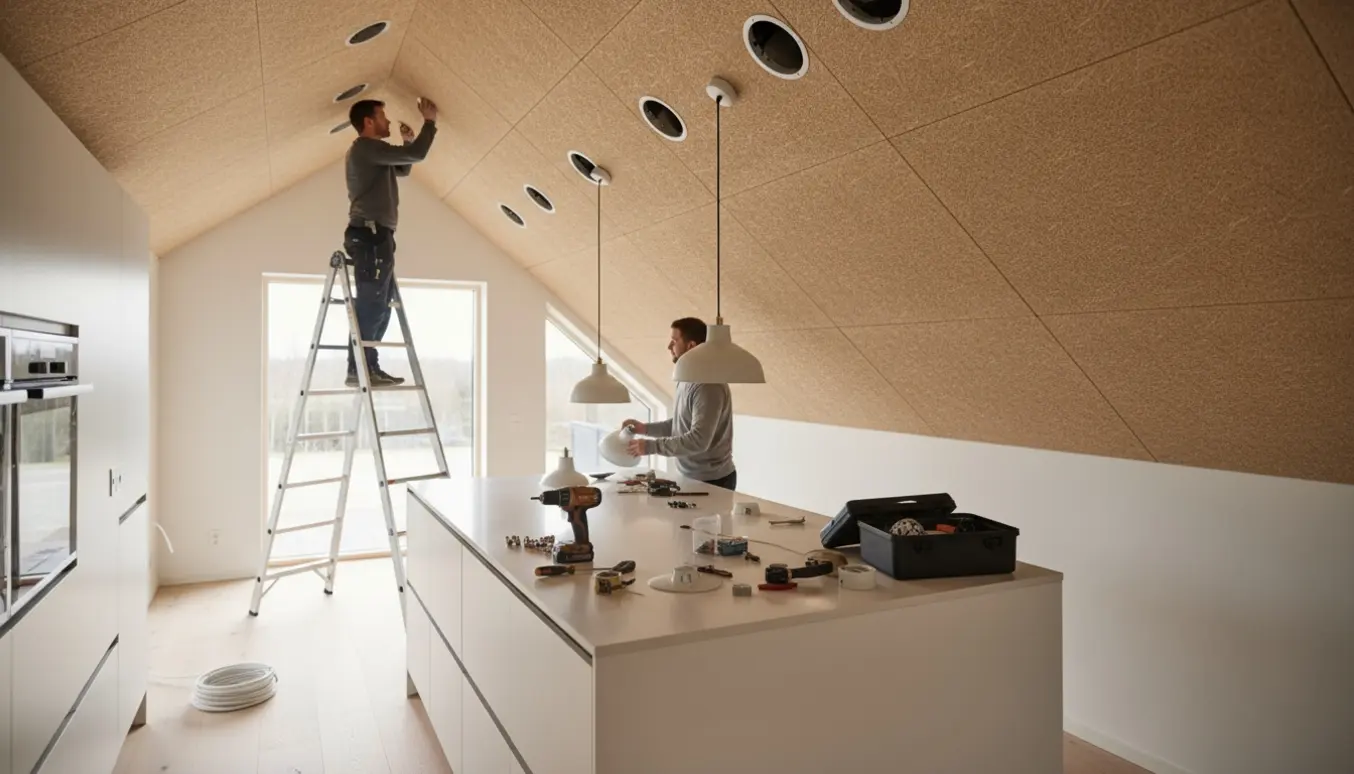 Håndværker monterer otte lamper i et troldtekt-loft over køkkenøen med stige og værktøj.