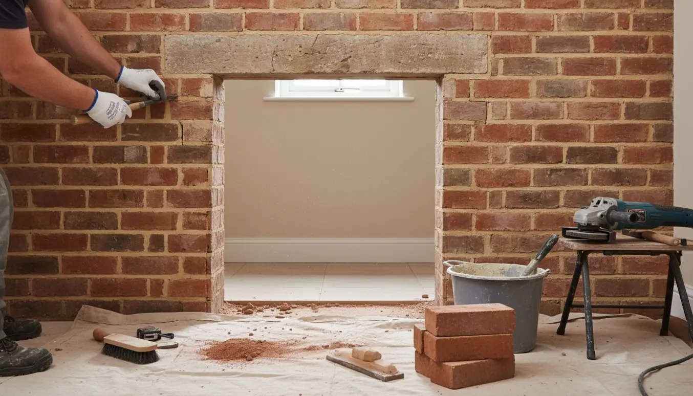 Håndværker udvider murhul i bryggers med synlig stenoverligger, kalkmørtel, mursten og værktøj.