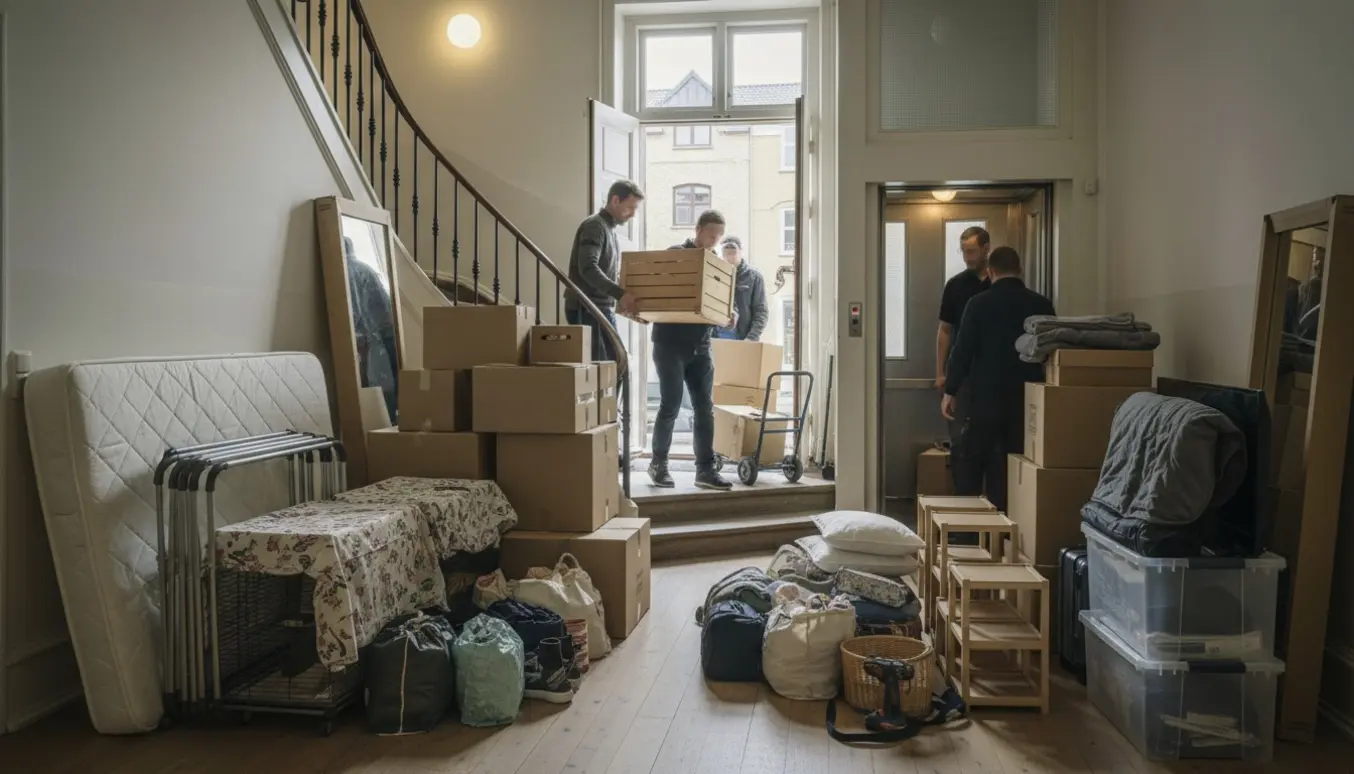 Flyttefolk bærer en madras og stabler flyttekasser i opgangen ved elevatoren, omgivet af møbler, tøjstativer og flyttegeredskaber.