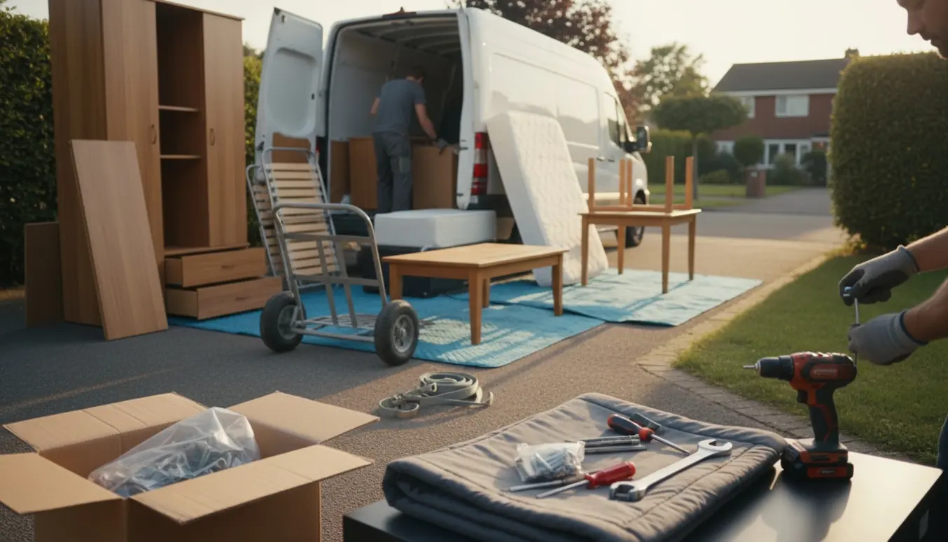 Garderobeskab, enmandseng og borde pakkes og læsses på en varevogn klar til storskrald.