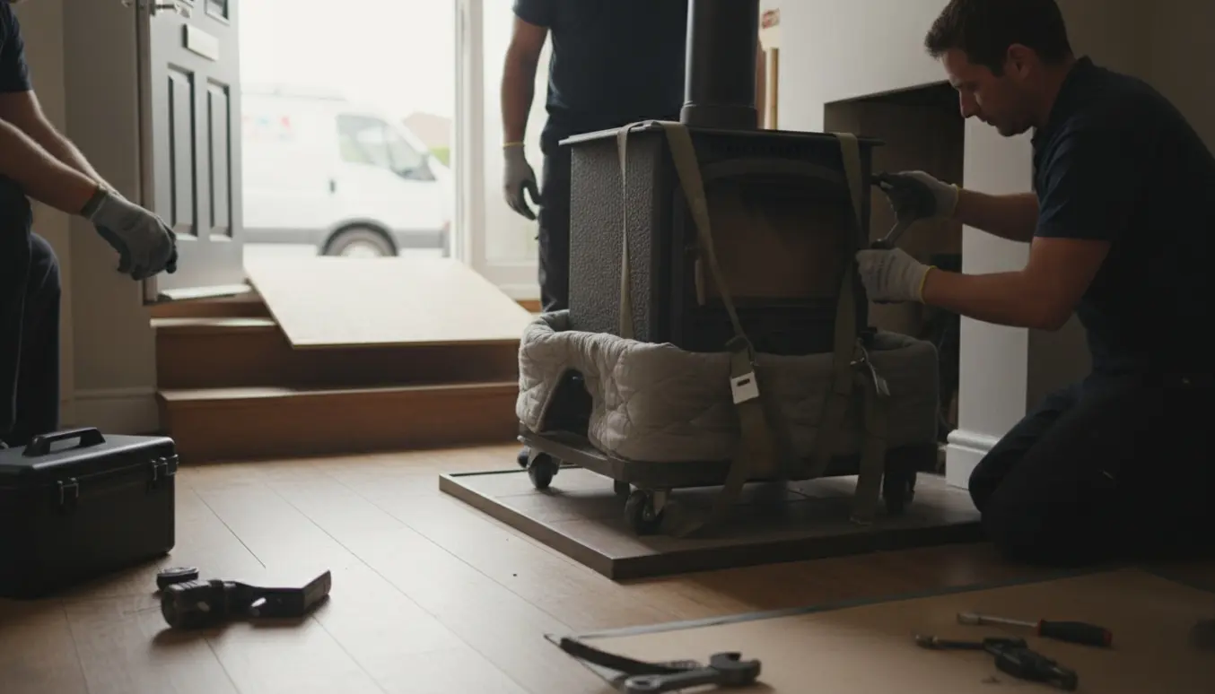 Tung brændeovn løftes ud af stuen på en møbeltralle, handske-klædte hænder løsner skorstensrøret ved væggen.