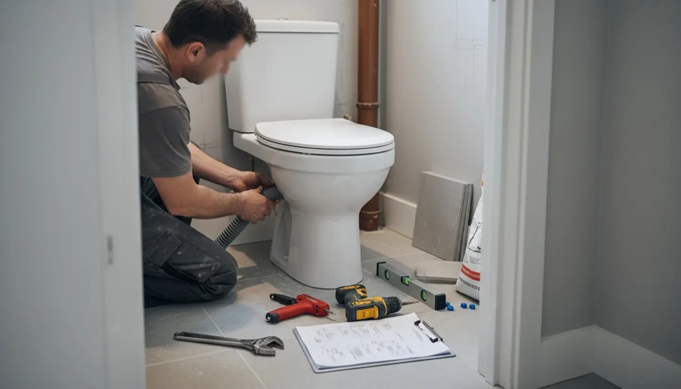 Håndværker installerer et kompakt toilet i et lille 80 x 80 cm rum med værktøj og reservedele.