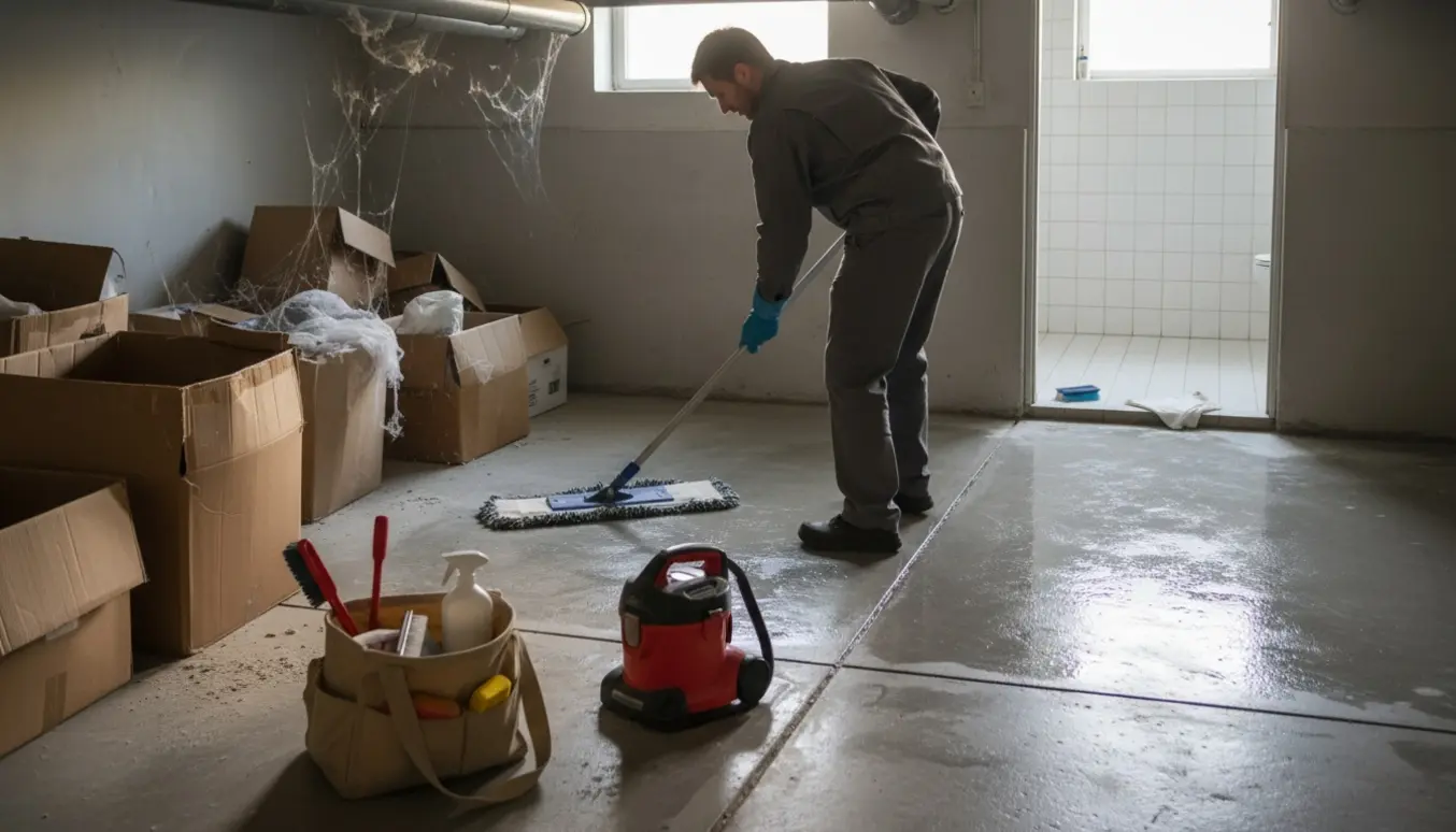 En person uden synligt ansigt mopper en kælder med rengøringsudstyr ved en åben badeværelsesdør.