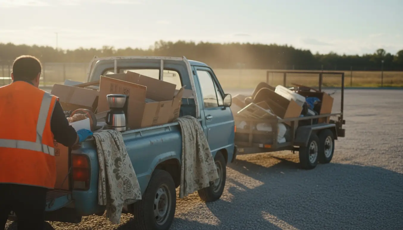 Lastbil og trailer fyldt med pap, gardiner og en kaffemaskine klar til aflevering på fyldpladsen.