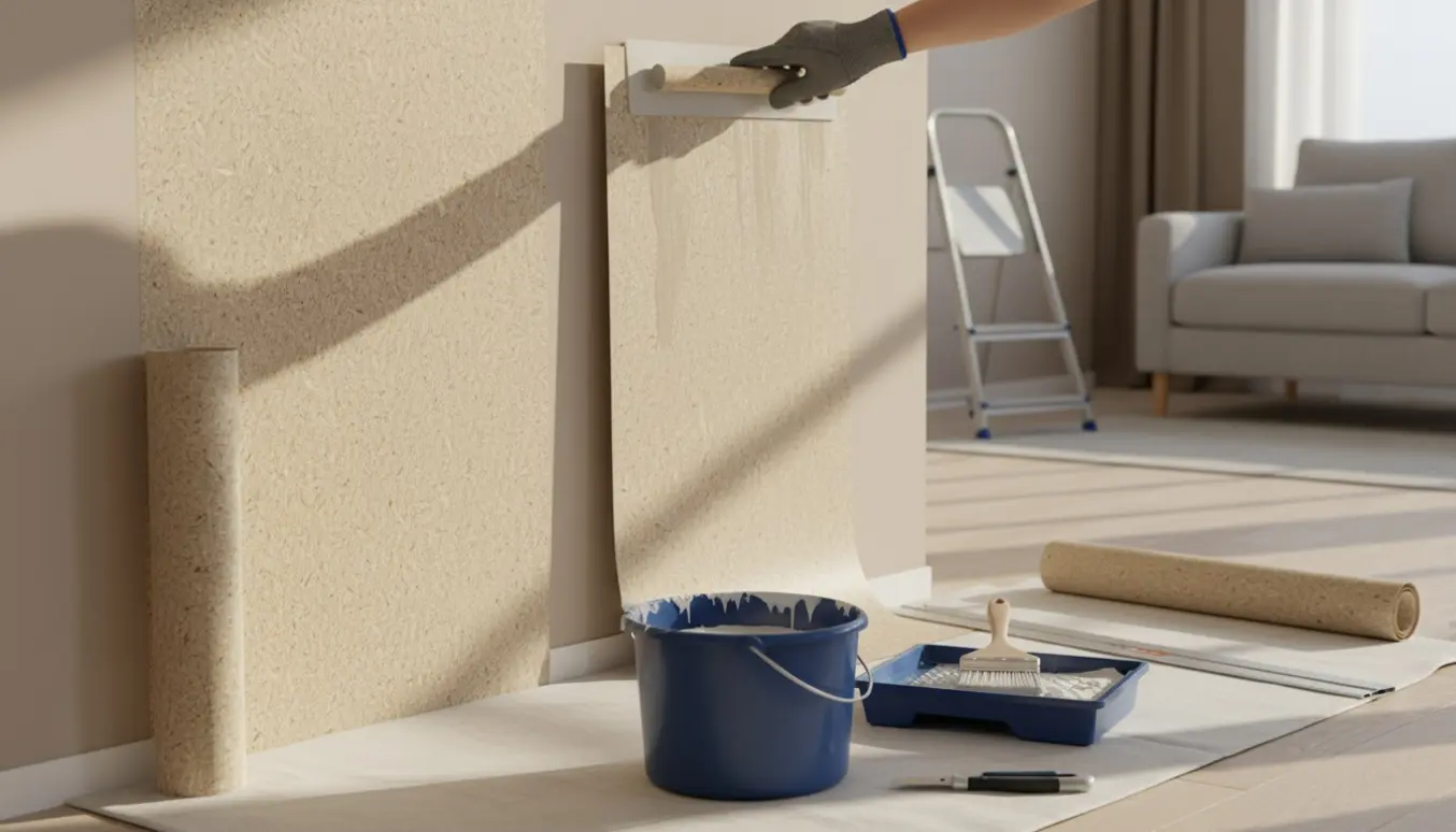 Opsætning af savsmuldstapet på en væg med hænder, tapetklister og værktøj.