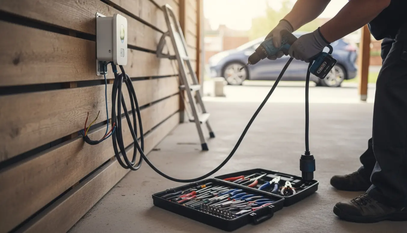 Handskerede hænder med en boremaskine fjerner en el-ladeboks fra en carportvæg med værktøj og stige ved siden af.