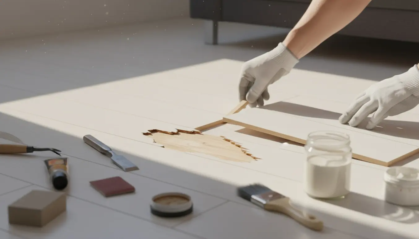 Nærbillede af en trægulvsreparation med udskiftet planke og værktøj ved et hvidpigmenteret lakeret gulv.