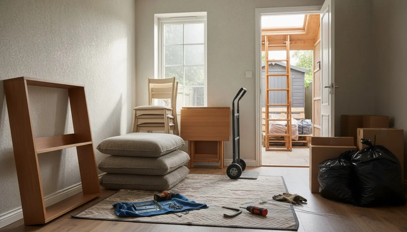 Oprydning i et lejemål med nedtagne reoler, møbler og affald klar til loft og skur.