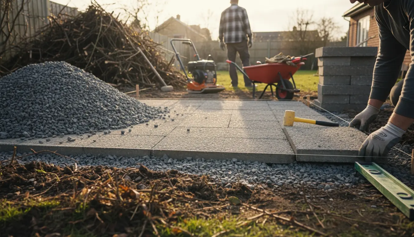 Hænder i arbejdshandsker lægger fliser på et ryddet haveareal med fjernet brombær og en bunke grus.