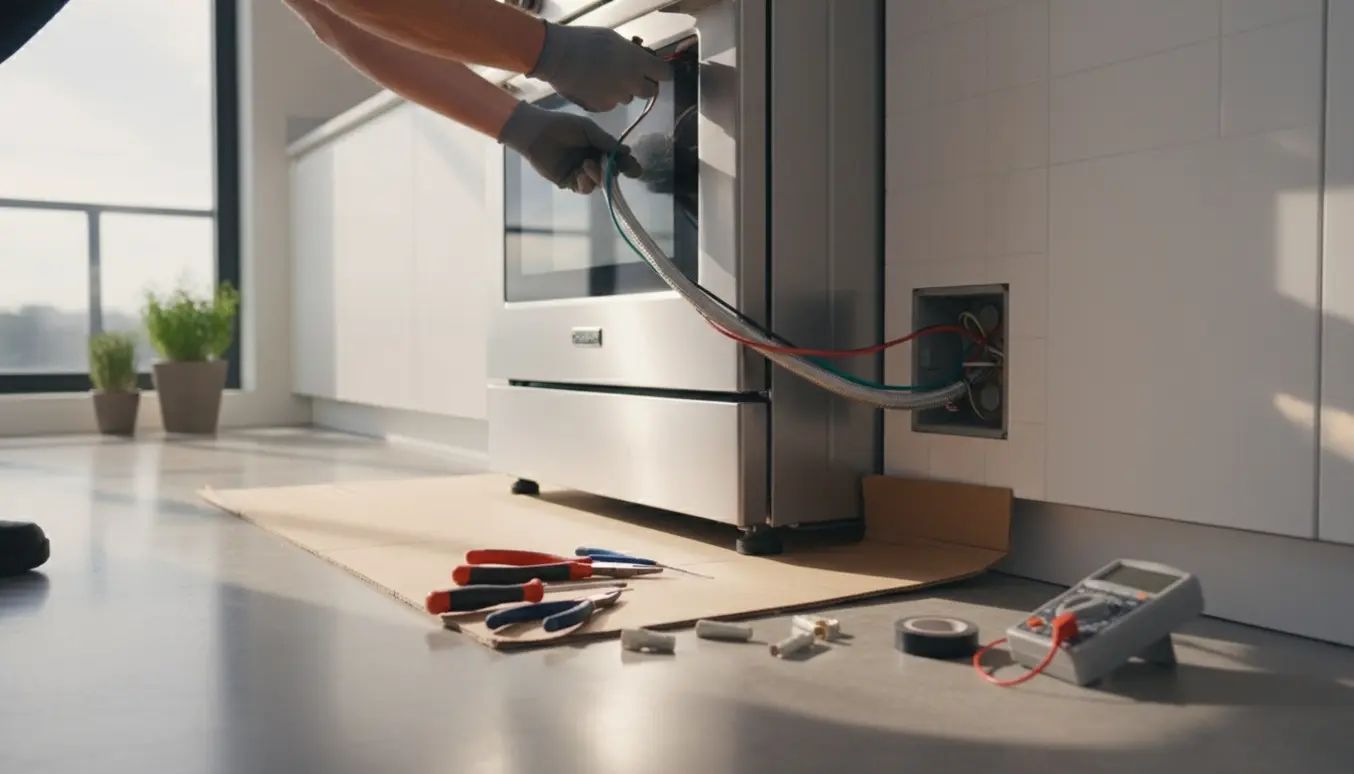 Nyt komfur trukket ud, elektriker tilslutter elkabel i et køkken.