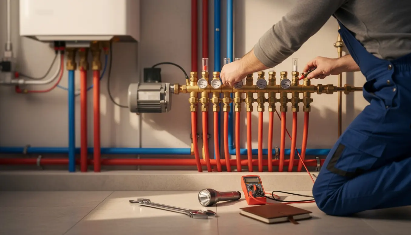 VVS-tekniker fejlsøger gulvvarme ved en åben manifold med PEX-rør og værktøj.
