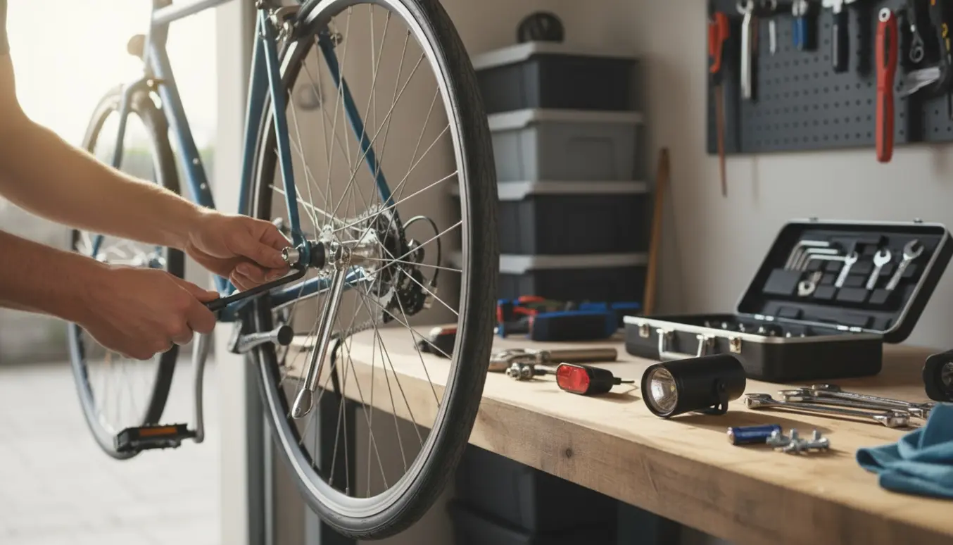 Cykel under eftersyn med montering af nyt støtteben og ny forlygte.