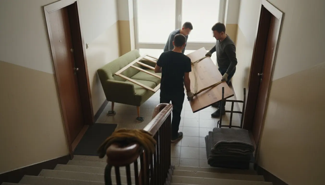 To hjælper bærer sofa, seng og bordplade mellem nabotrappen på tredje sal med flytteudstyr og blødt dagslys.