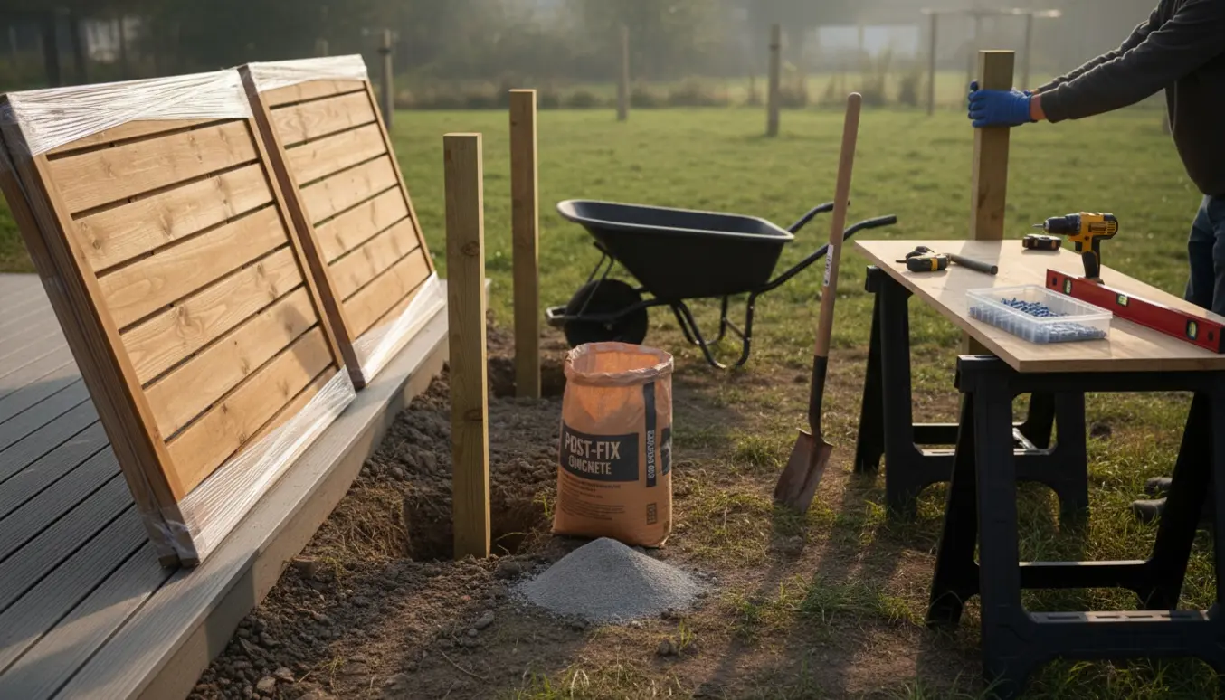To hegnsfag og træstolper ved terrassens venstre kant med værktøj og åben pose stolpebeton klar til opsætning.