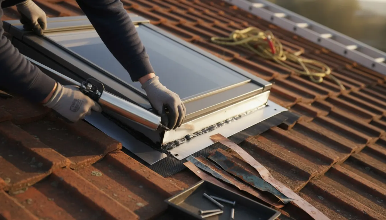 Montage af ny metalinddækning omkring et tagvindue på et flisetag.