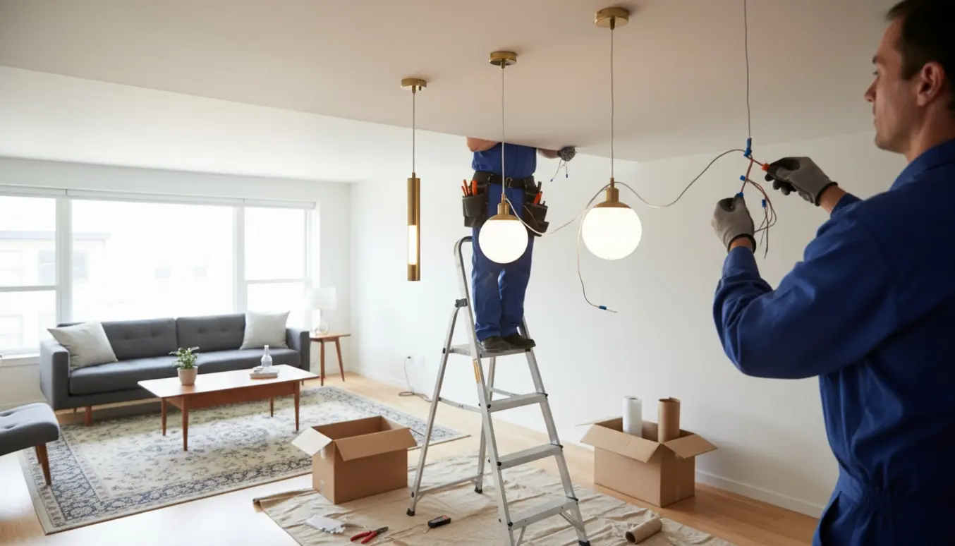 Håndværker på stige installerer loftlampe i lys lejlighed med flere lamper og værktøj.