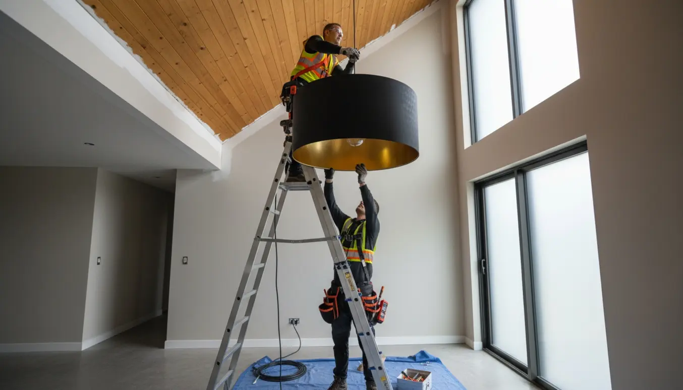 En håndværker på en høj stige monterer en stor pendellampe i en skrå entré med træloft og gips.