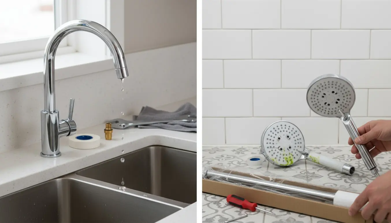 Dryppende køkkenhane ved vask og afbrækket brusehoved med nye reservedele og værktøj på fliser.