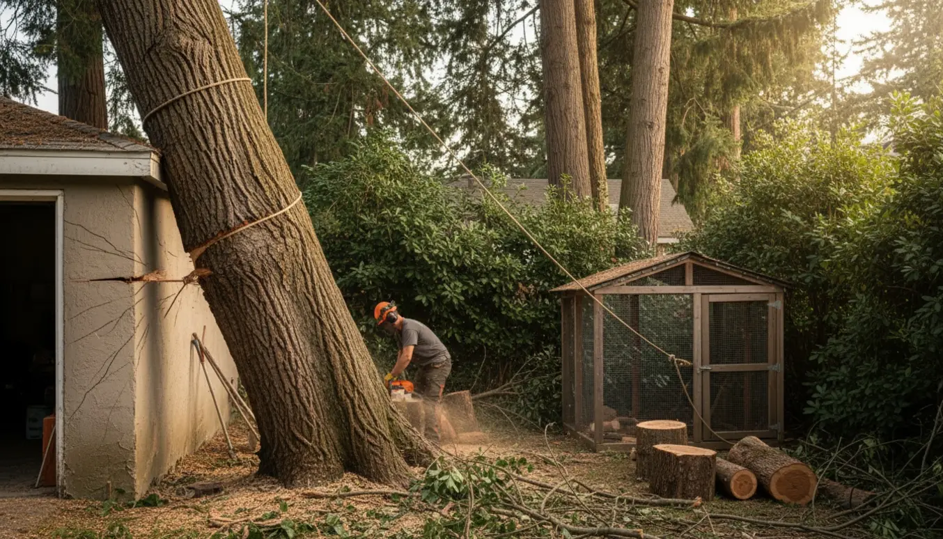 En arborist saver et stort træ væk fra en garage, med hønsehus og tæt beplantning omkring.