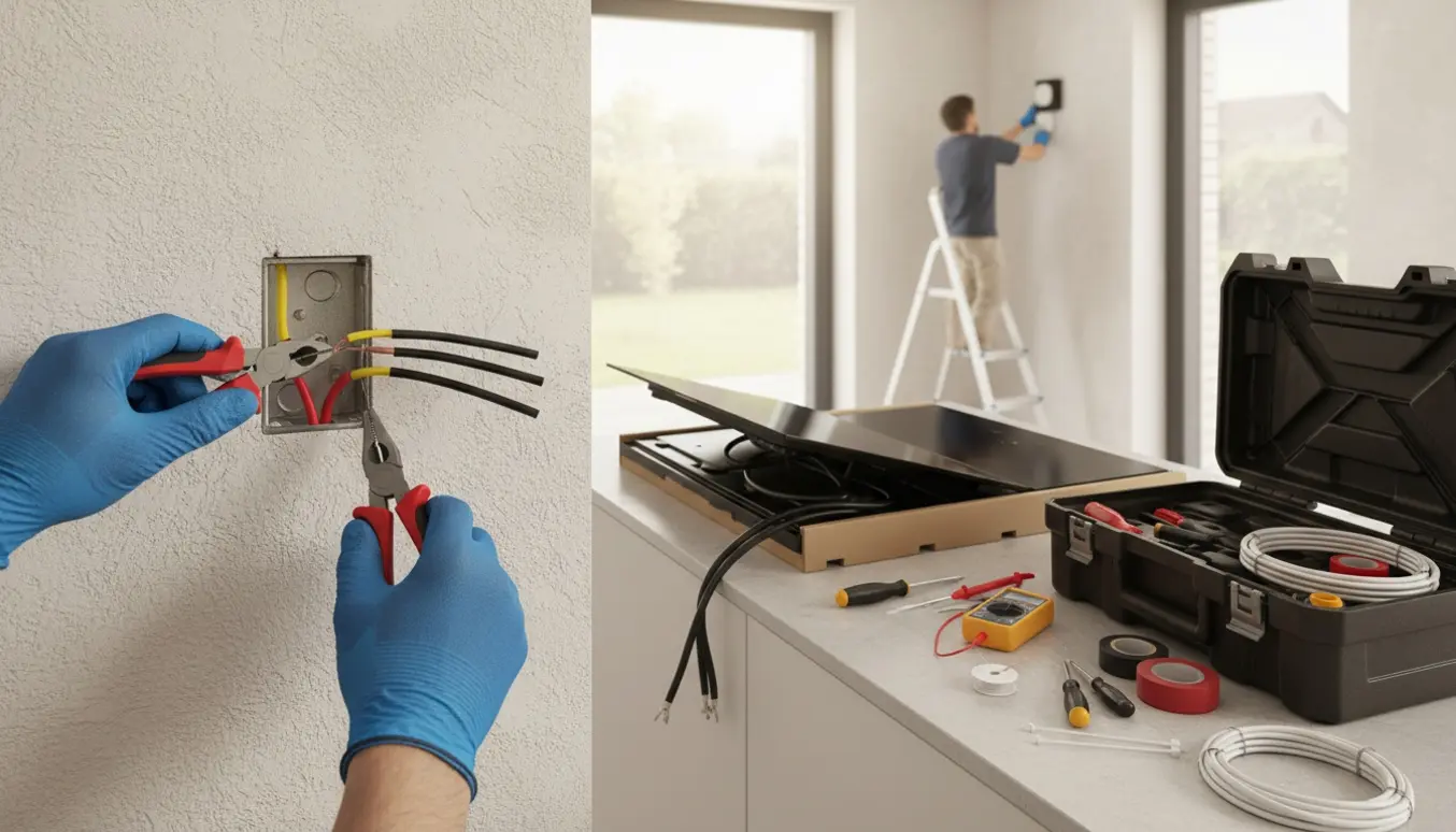 Nærbillede af el-arbejde med reparation af ledning, løftet induktionskogeplade og udskiftning af udendørslampe.