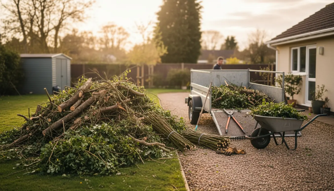 Stor bunke haveaffald med grene og en åben trailer parkeret ved indkørsel, klar til bortkørsel.