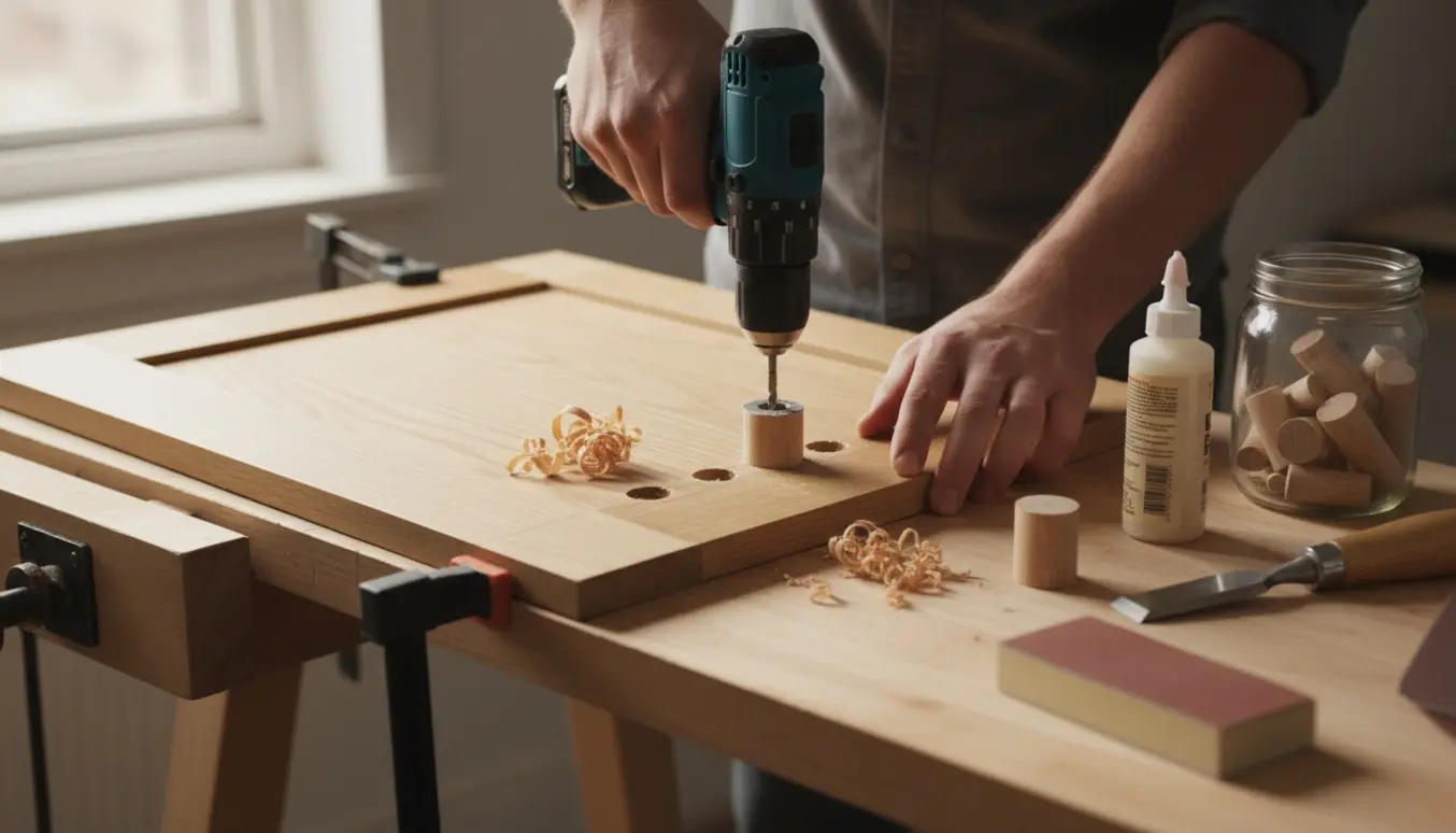 Nærbillede af en skabslåge på et arbejdsbord i dagslys, hvor hænder reparerer udslidte skruehuller med træpropper.
