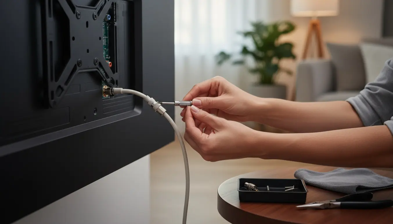 Nærbillede af hænder, der justerer et løst antennestik bag et vægmonteret fladskærms-tv.