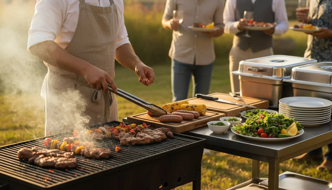 En kok i forklæde griller og anretter forskelligt mad til en udendørs sammenkomst, mens gæsterne i baggrunden er slørede.