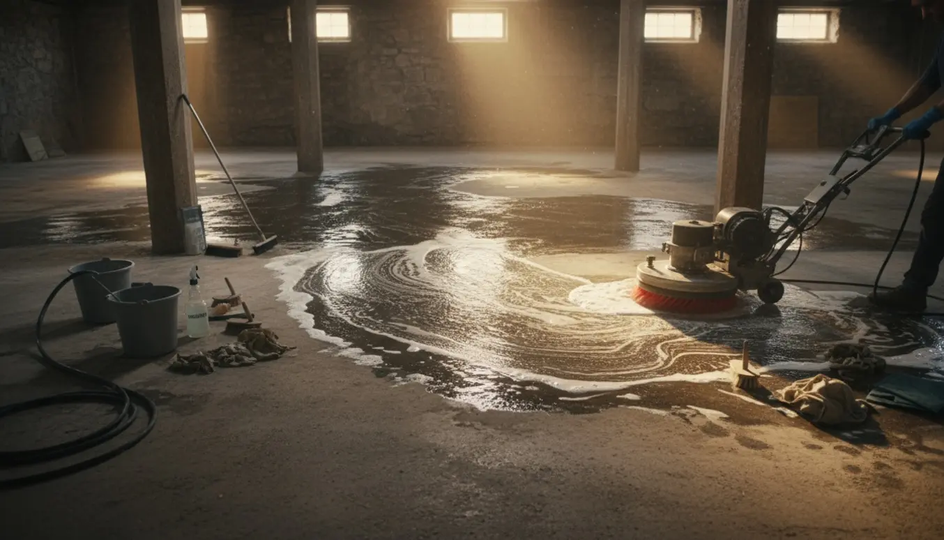 Høj kælder med betongulv under dybderens, gulvrenseskrubber fjerner oliespild.