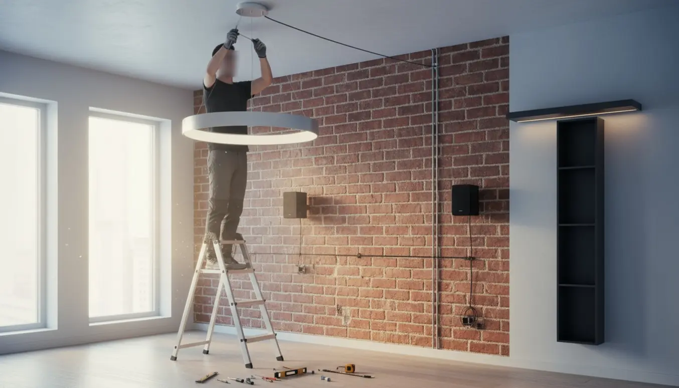 Elektriker monterer en stor spisebordslampe, væghøjttalere og en LED-lightstrip over en høj vægreol.
