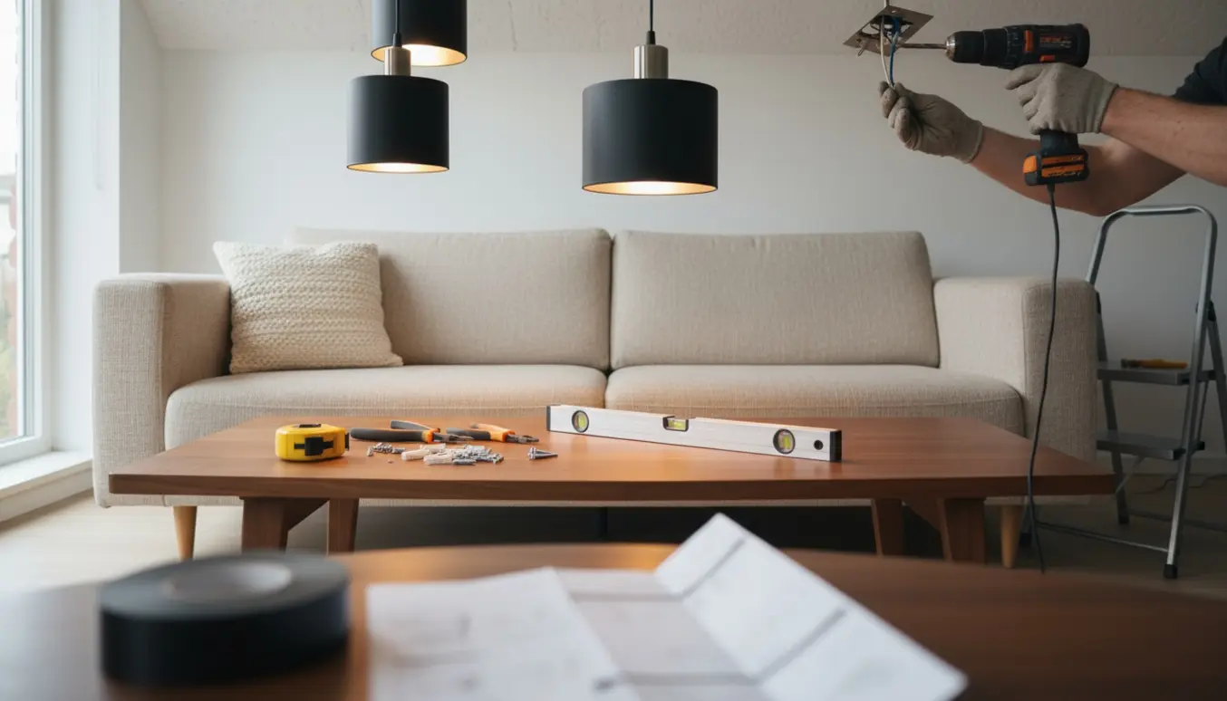 To pendellamper over sofaens bord under montering, nærbillede af hænder med værktøj og en lille stige.
