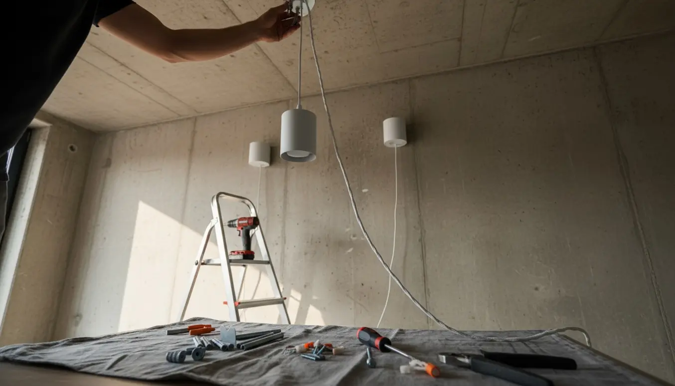 Montering af hvid loftslampe med næsten tre meter stofledning på betonloft, to væglamper og værktøj.