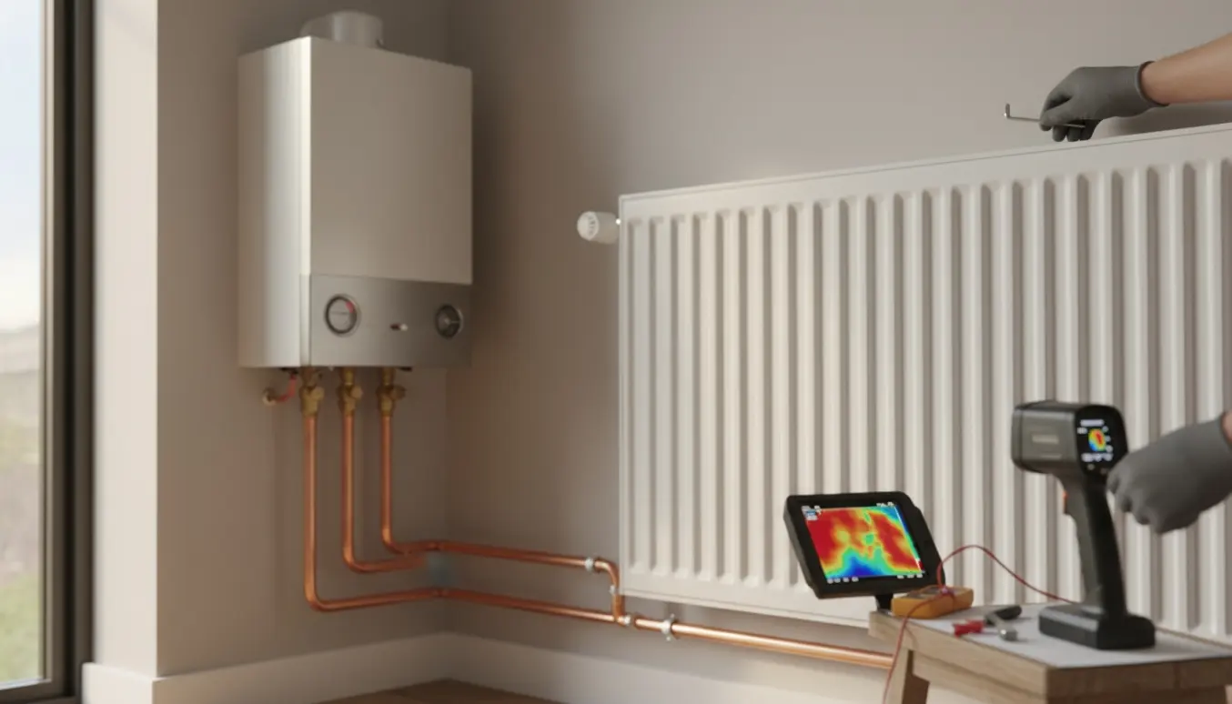 Tekniker justerer balanceringsventil ved gasfyrets rør mens en radiator i sløjfen er tydeligt kold.