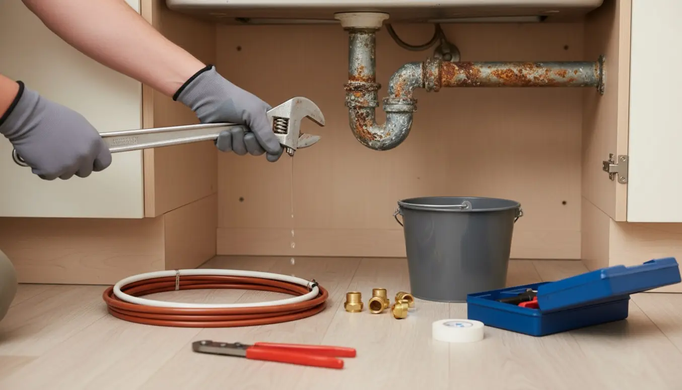 Åben køkkenskab med tæret galvaniseret vandrør, hænder med skiftenøgle og nyt rør og værktøj klar til udskiftning.