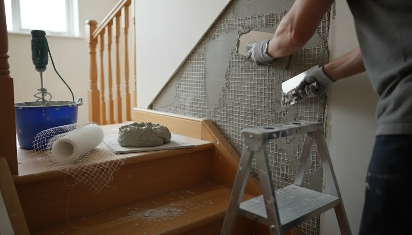 Armeringsnet og våd puds på en skrå væg ved en trætrappe, håndværker trykker puds på med murske.