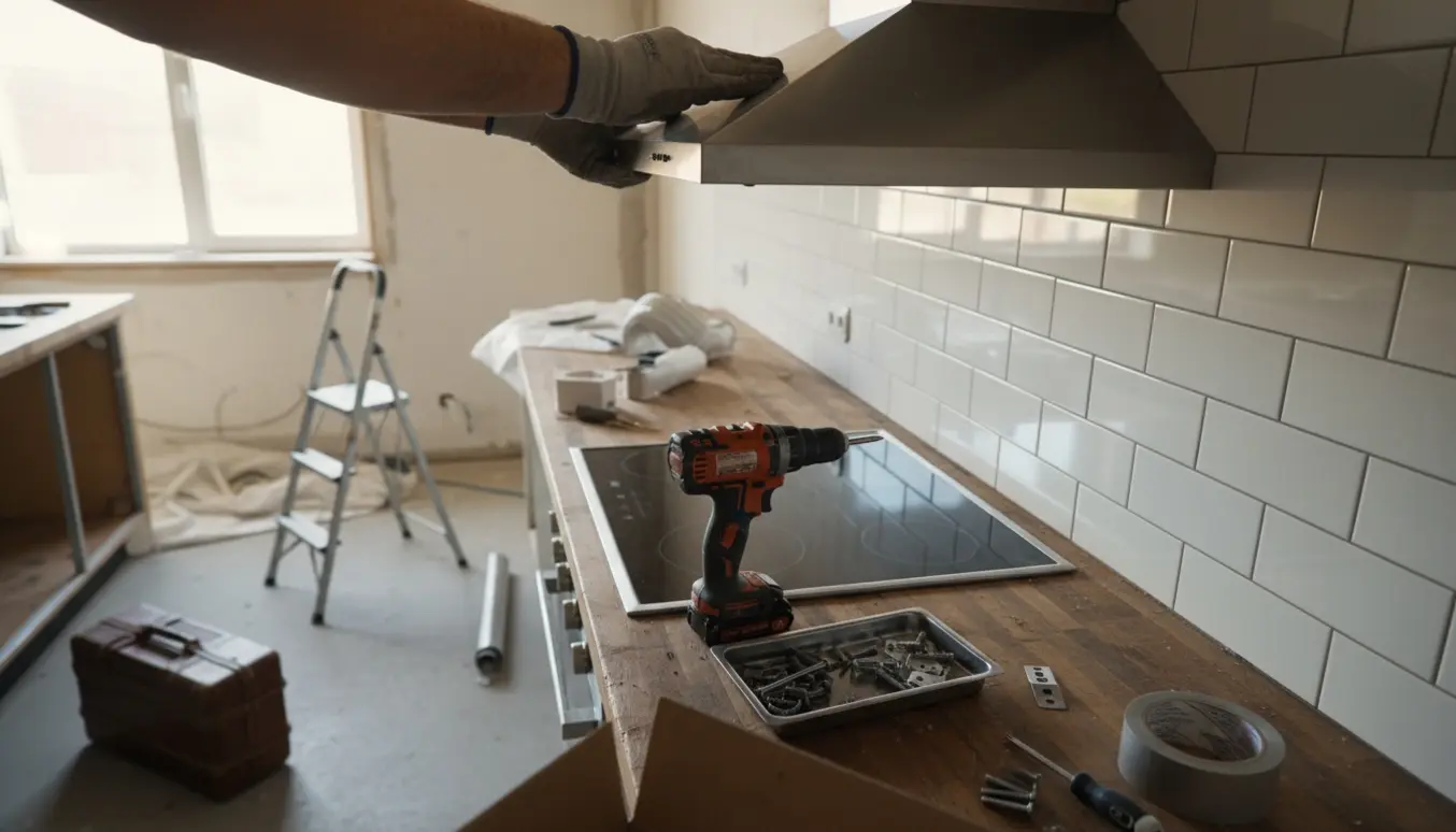 Nyt rustfrit emhætte monteres over komfur, med værktøj og emballage på køkkenbordet.