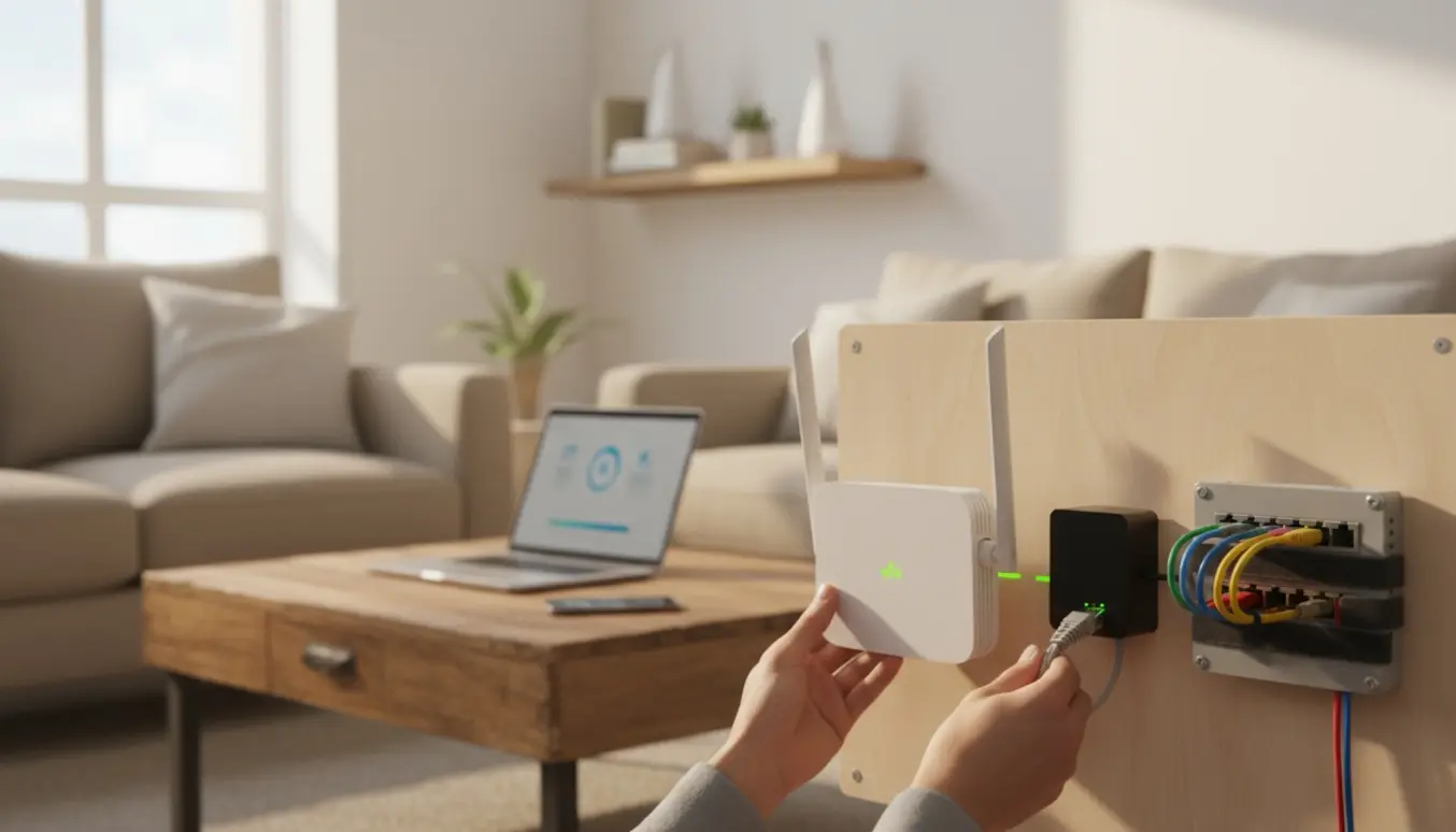 Hænder opsætter et hjemmenetværk med router, fiber-ONT og mesh-enheder i en lys stue.