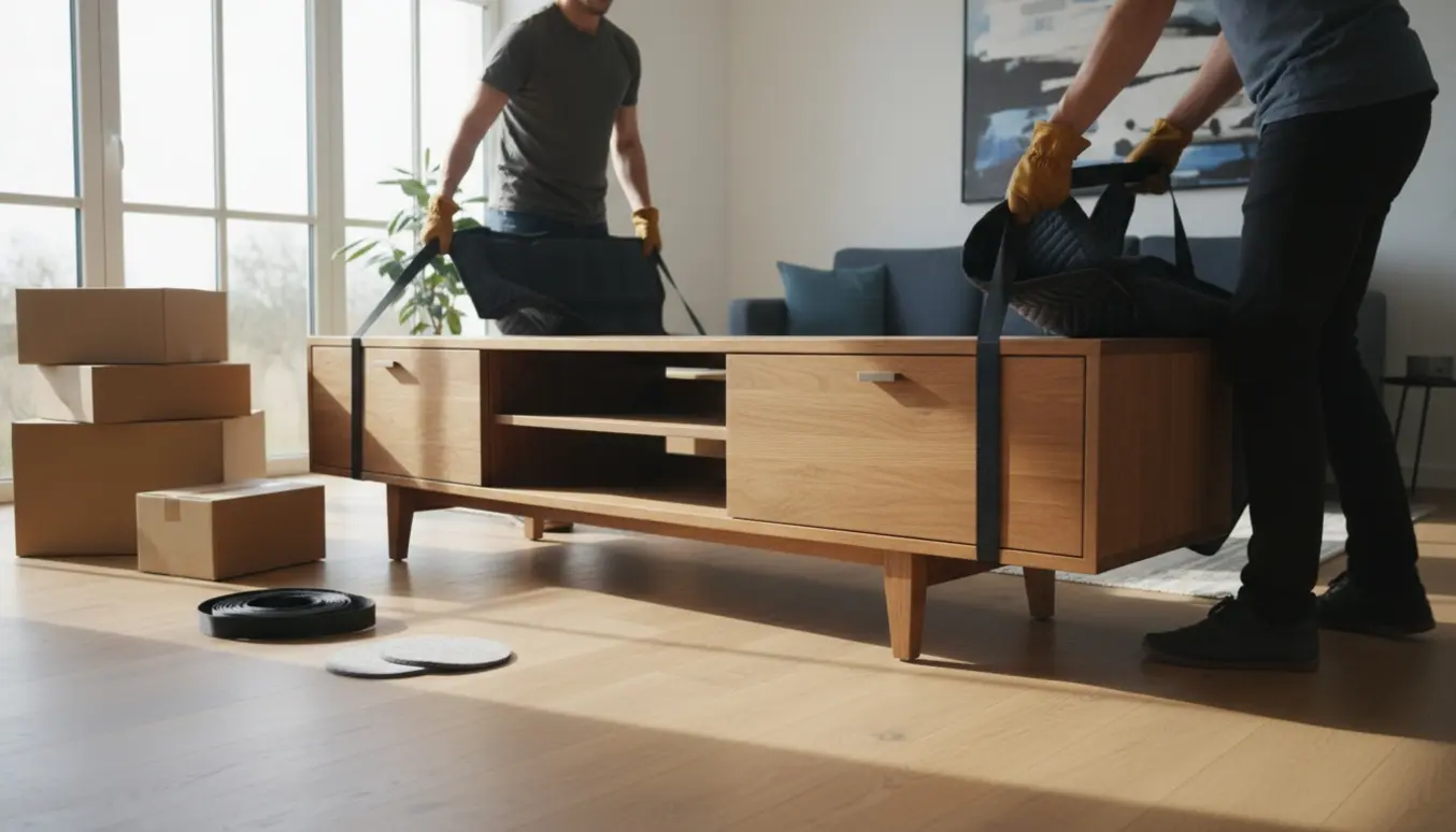 To personer flytter et langt tv-bord i en lys, moderne stue med flyttetæpper og dolly.