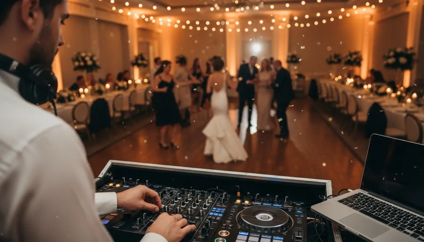 DJ's hænder på mixeren ved bryllupsfesten med dansende gæster og varm stemningsbelysning.