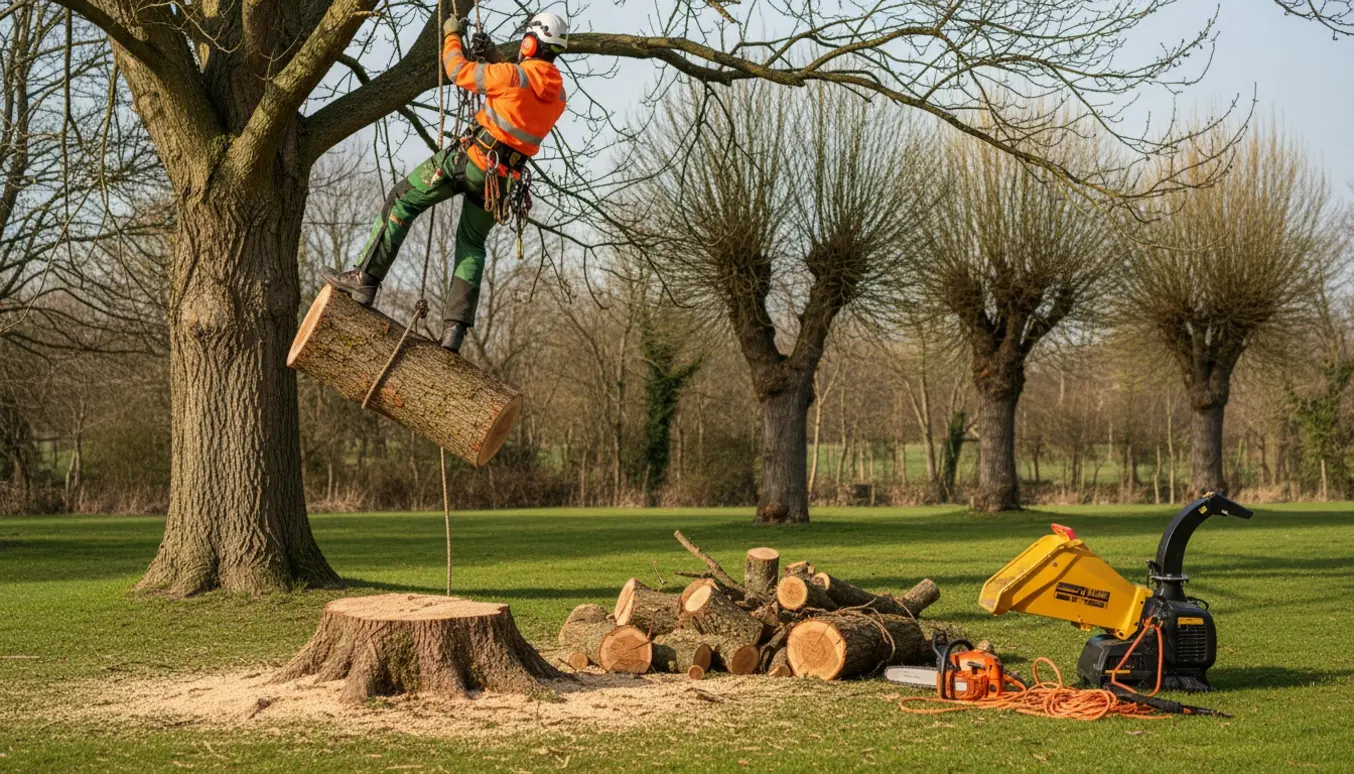 Arborist topper og fælder et højt træ i en have med nyfældede stammer og spåner.