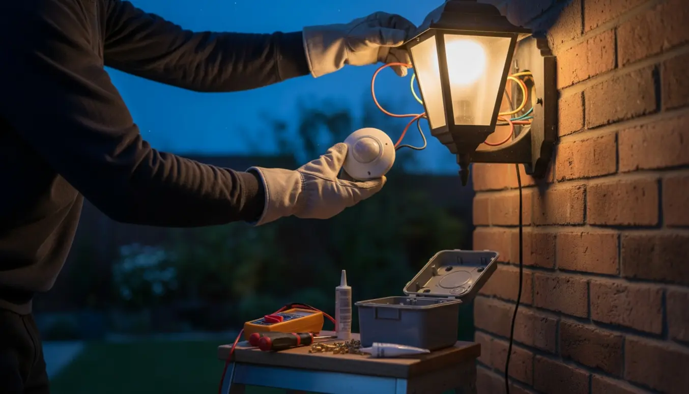 Hænder installer en bevægelsessensor ved en udendørslampe ved skumring.