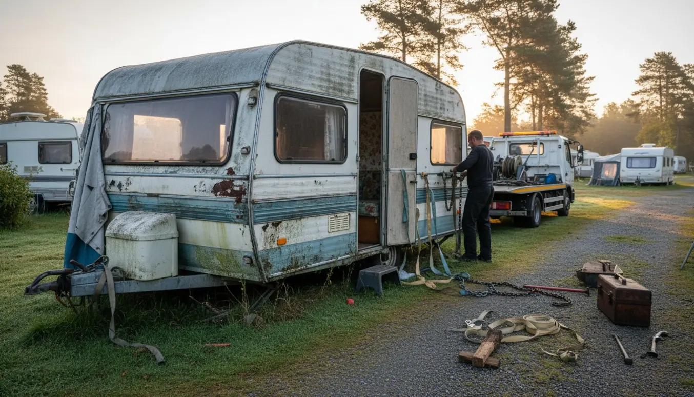 En fugtskadet, udtjent campingvogn på en campingplads klar til afhentning.