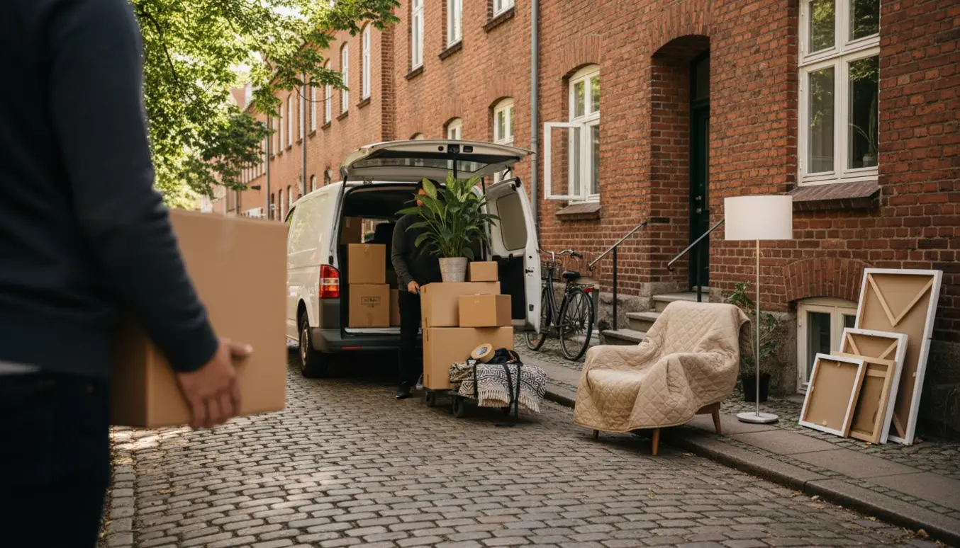Flyttehjælp i Aarhus: hjælpere med sækkevogn og flyttekasser foran en rød murstensbygning.